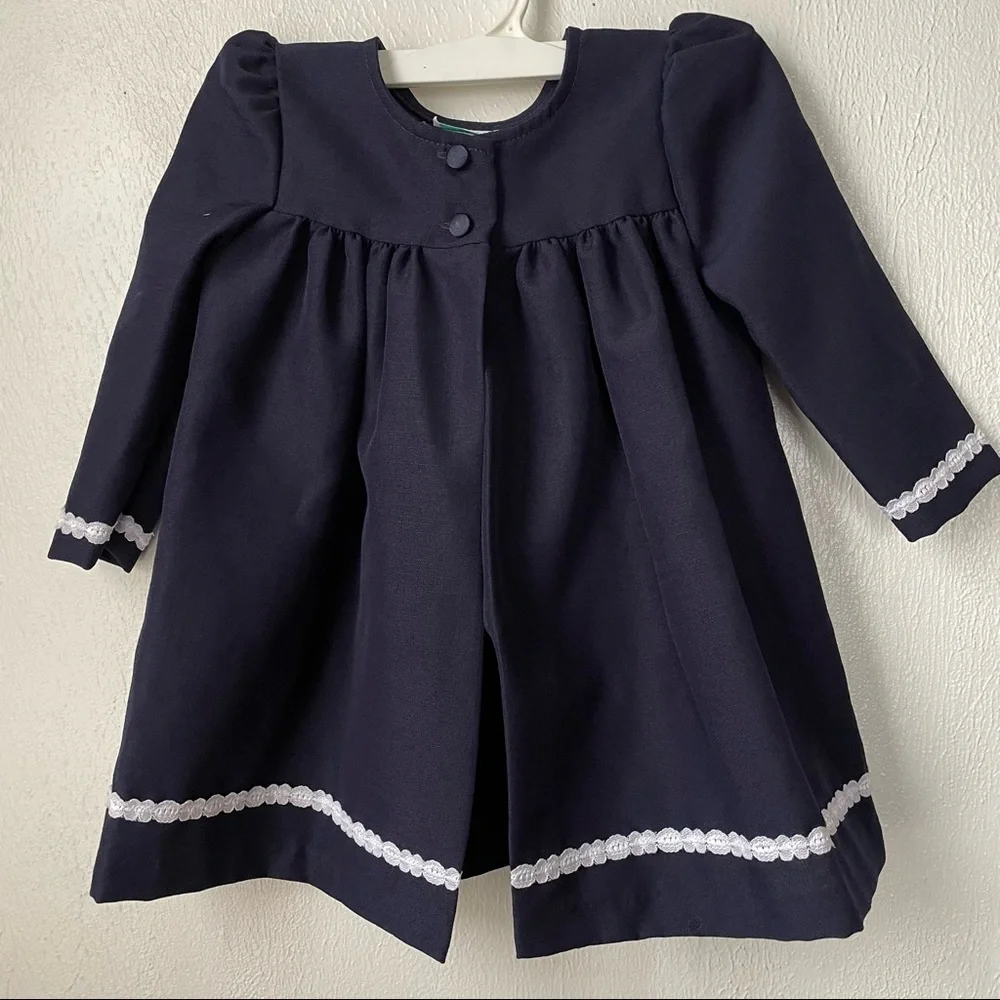 Vintage Rare Editions Girls White/Navy Blue Long Sleeve Apron Bib Dress Sz 3T